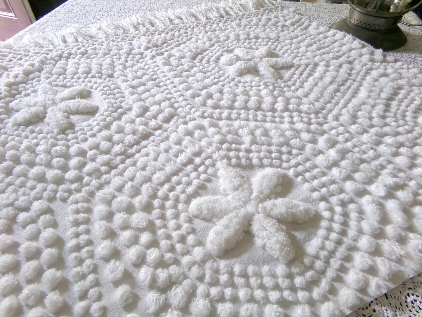 star mist white vintage chenille fabric, coastal 3D radiating starry pop motifs, 21" x 26" cut piece with fringe for pillows handmade quilts