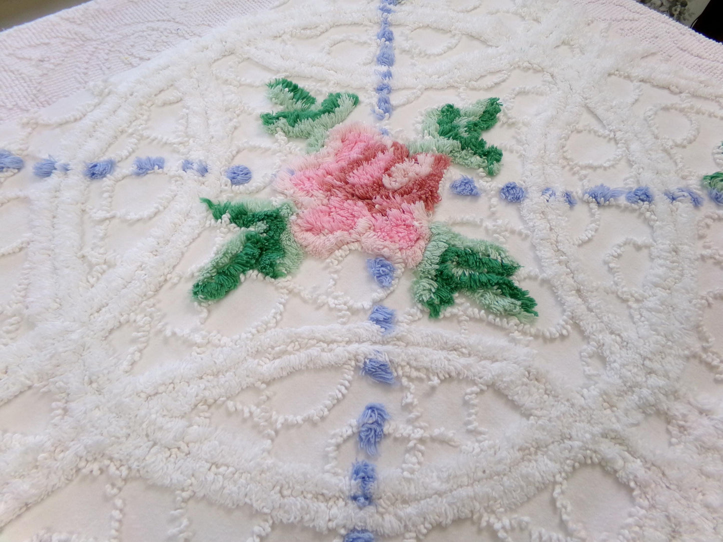 rose cottage vintage chenille fabric, floral design on white, 19" x 25" cut piece for arts & crafts