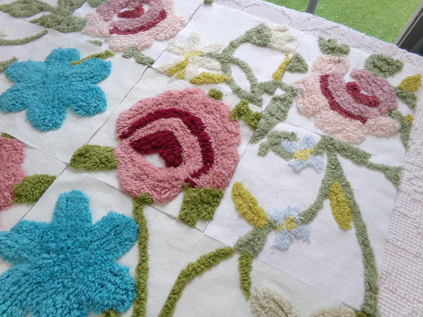 flower festival chenille fabric squares, set of 16 vintage floral 6" craft blocks, cottage designs for quilt inlays, pillows, fiber arts