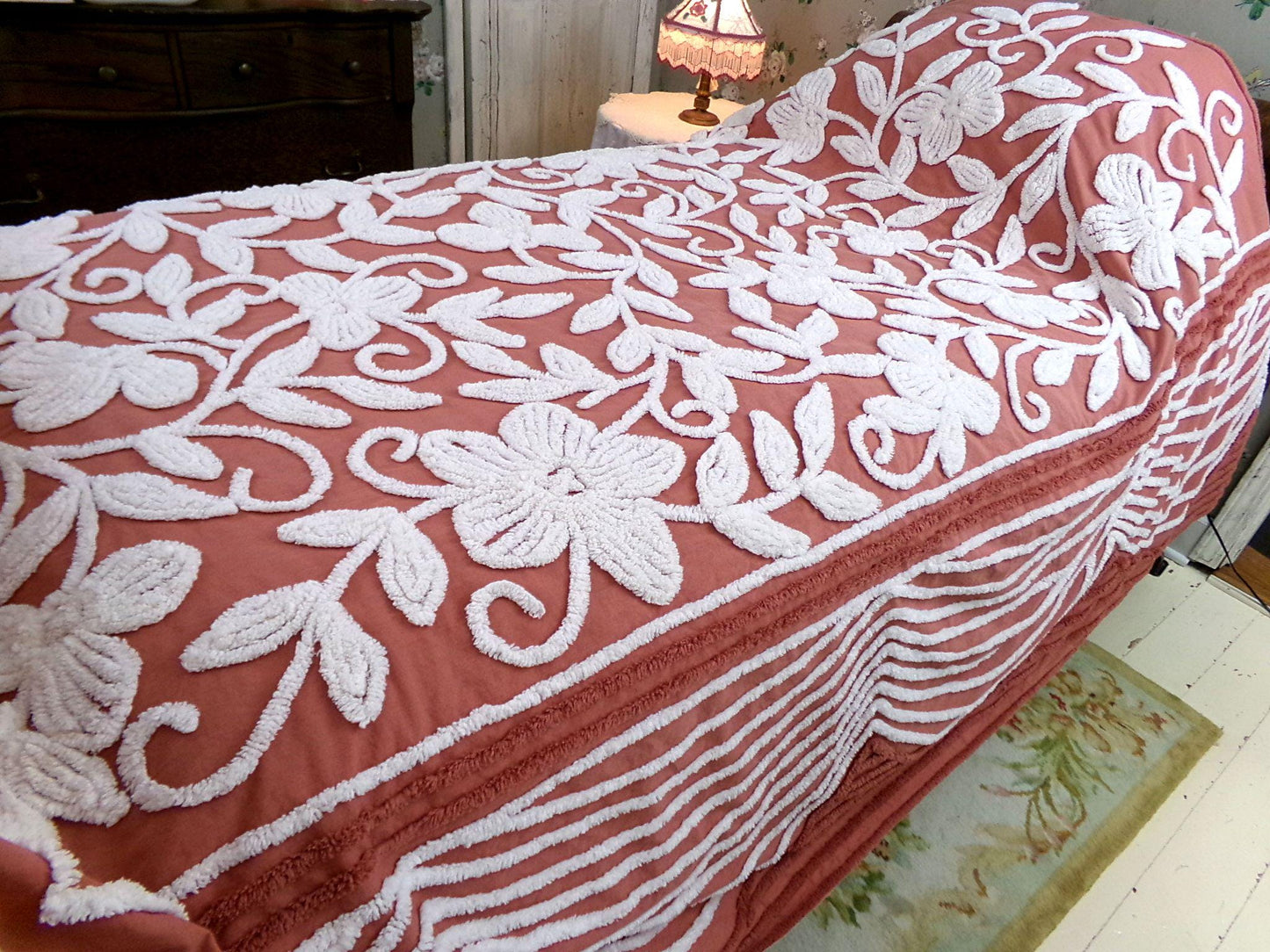 boho floral chenille bedspread, white climbing showy flowers on rusty terracotta vintage hippie 1970s style bedding