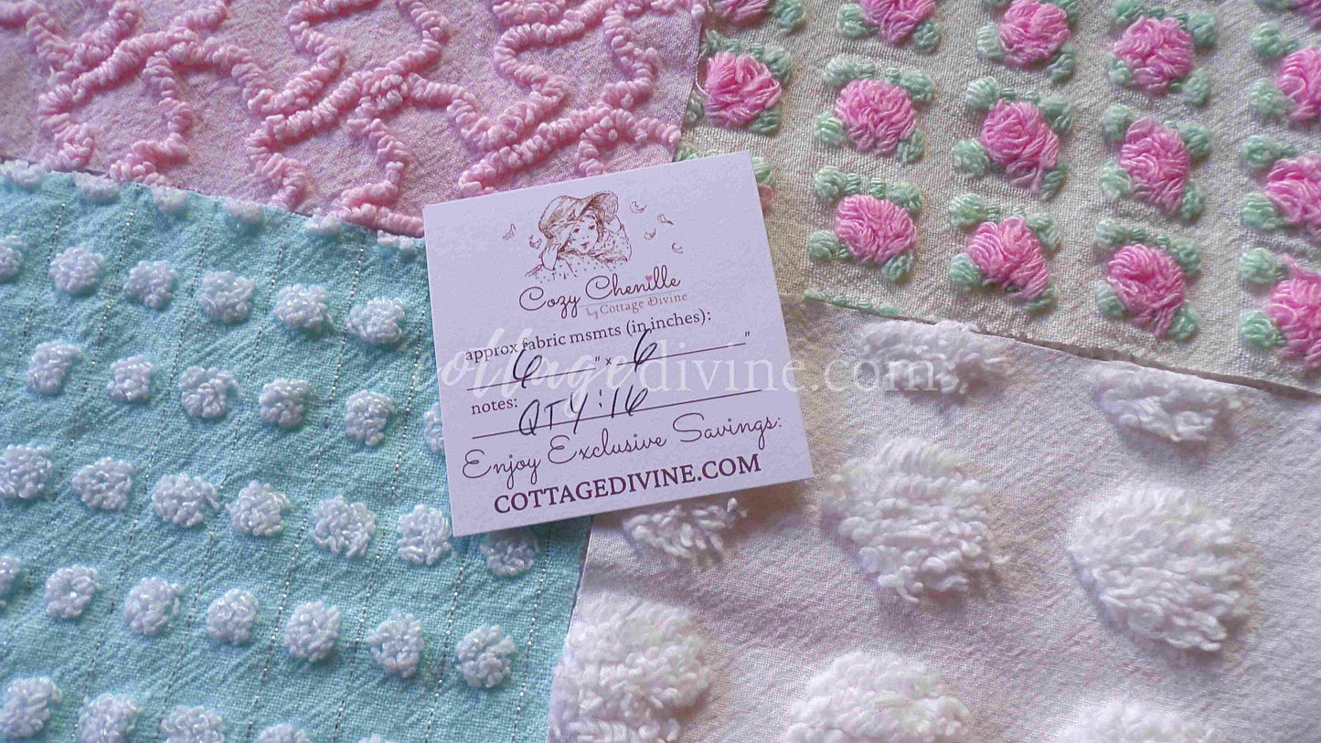 Classic Cottage Chic Chenille Quilt Squares Set from Vintage Bedspread Fabric, 16 Blocks, 6" x 6" inch, Pretty Pink Rosebud, Aqua & White