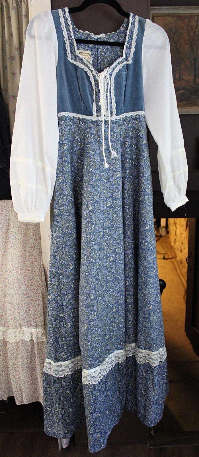 Vintage Gunne Sax Prairie Dress, Morning Glory Velvet Corset, Maxi Gown, SUPER SMALL