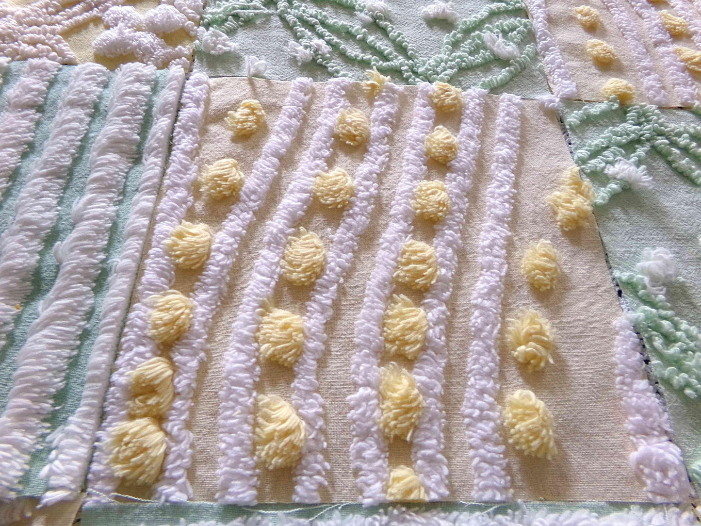 Springtime Fresh Chenille Fabric Squares Set in Yellow, Green & White, 17 Blocks, 6" inch ea, Cheery Stripes, Dots Geometric Designs