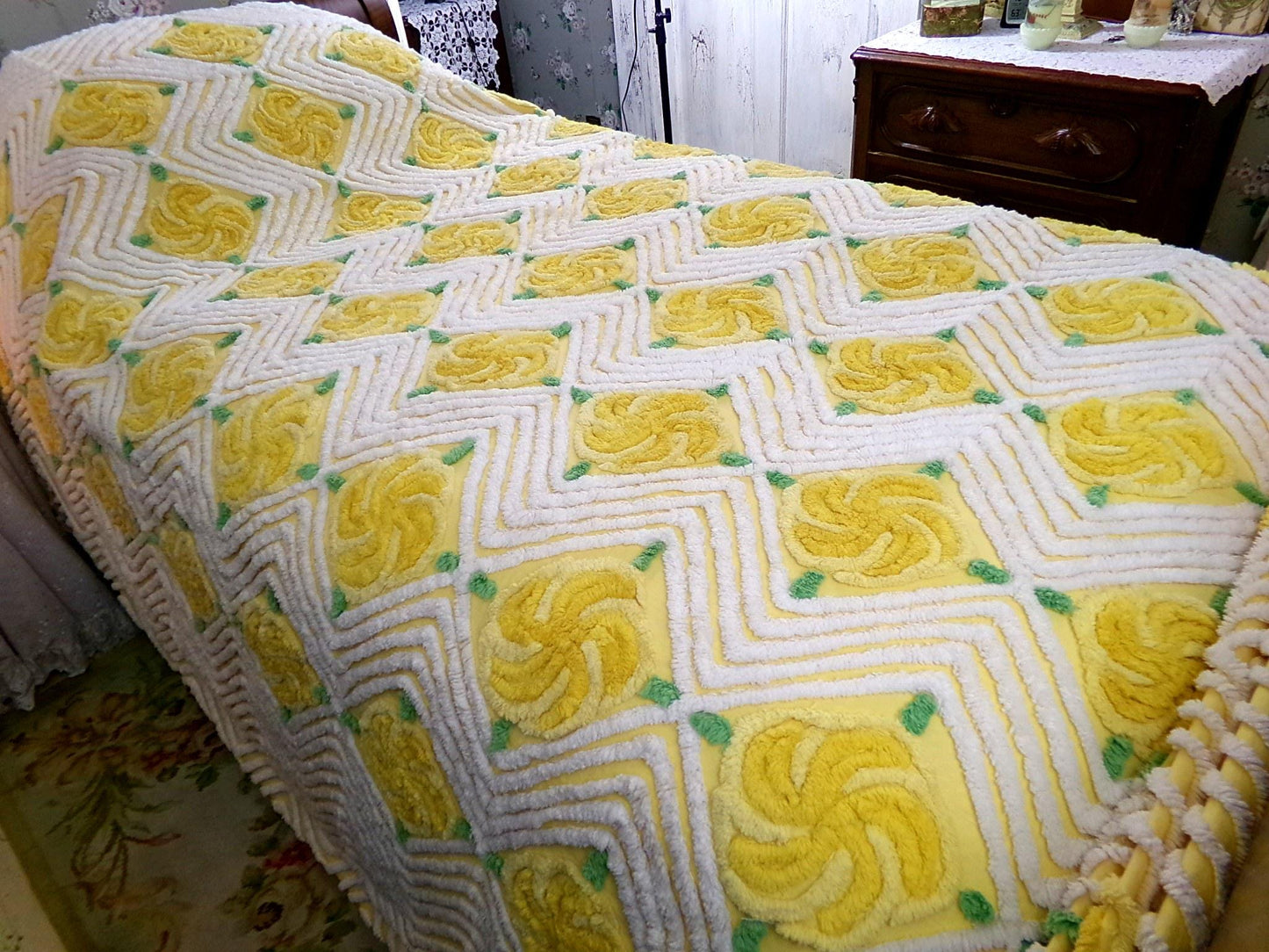 golden rose vintage chenille bedspread, plush pinwheel yellow cabbage rose design, full size cotton bedding