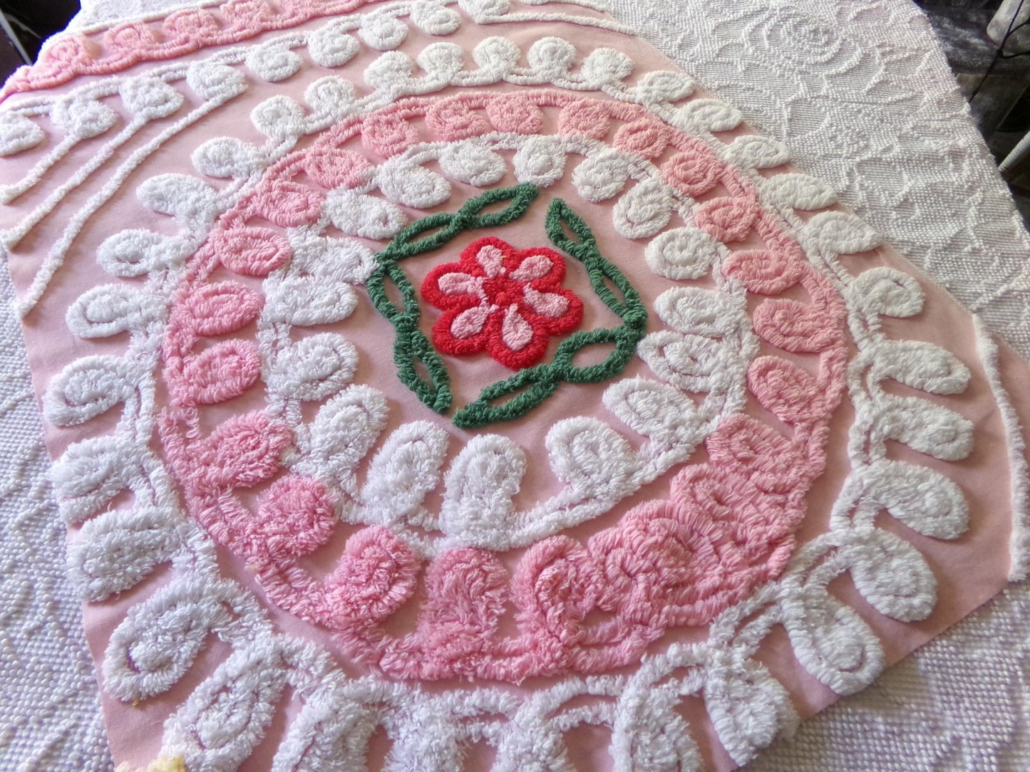 frosted pink cupcake vintage chenille fabric, iced wedding cake design with rose flower, 21" x 30" inch piece of sewing material