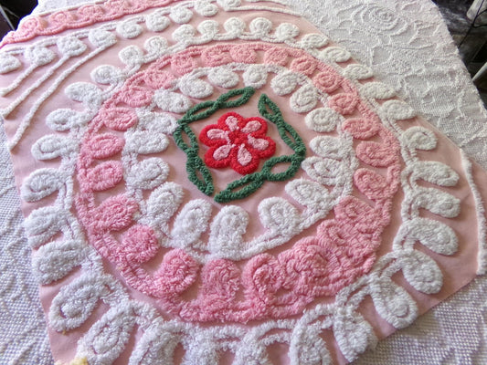 frosted pink cupcake vintage chenille fabric, iced wedding cake design with rose flower, 21" x 30" inch piece of sewing material