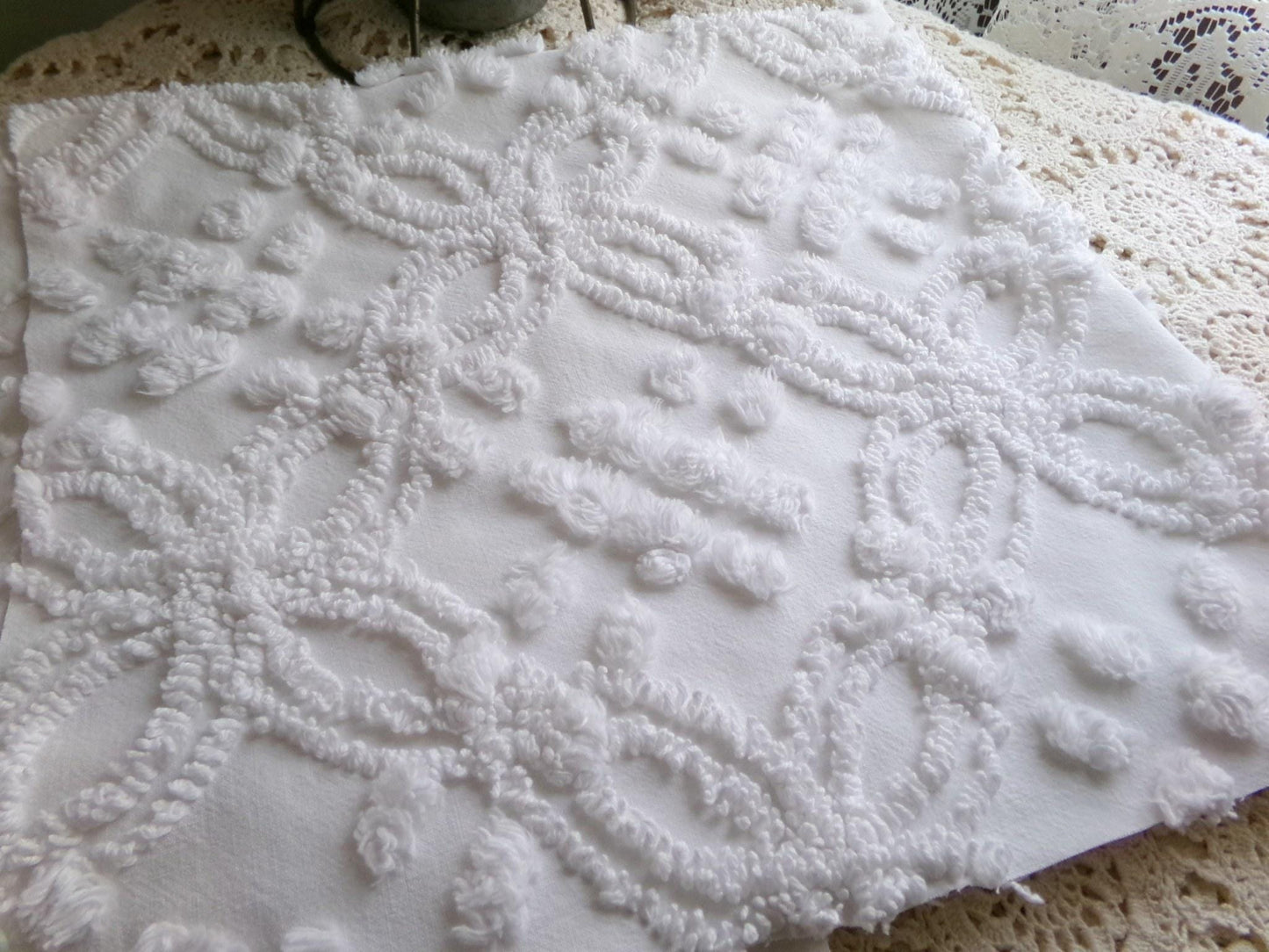 classic white vintage chenille fabric, versatile sewing material for quilting and crafts, 23" x 25" inch piece with wedding rings & pops