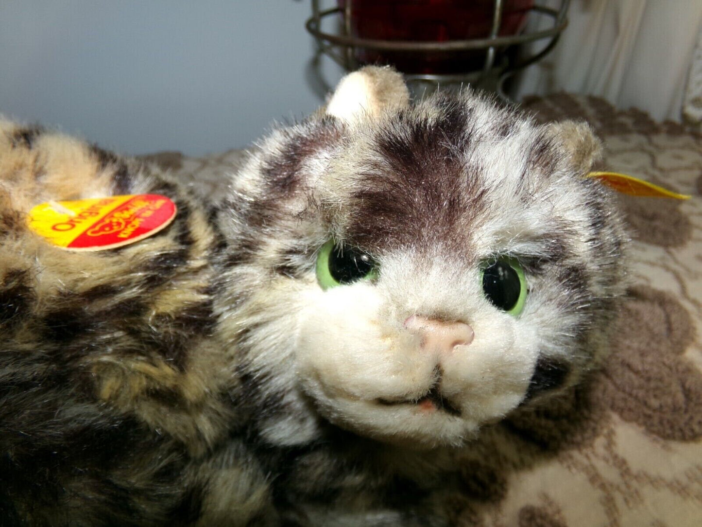 Vintage STEIFF Kitten Unique Curled Up Tabby Cat 074189 with Button, Tags