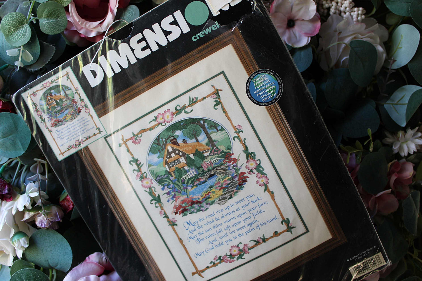May God Hold You Irish Blessing Poem, a Dimensions Vintage CREWEL Stitchery Kit, Floral Cottage Embroidery Design by Karen Avery
