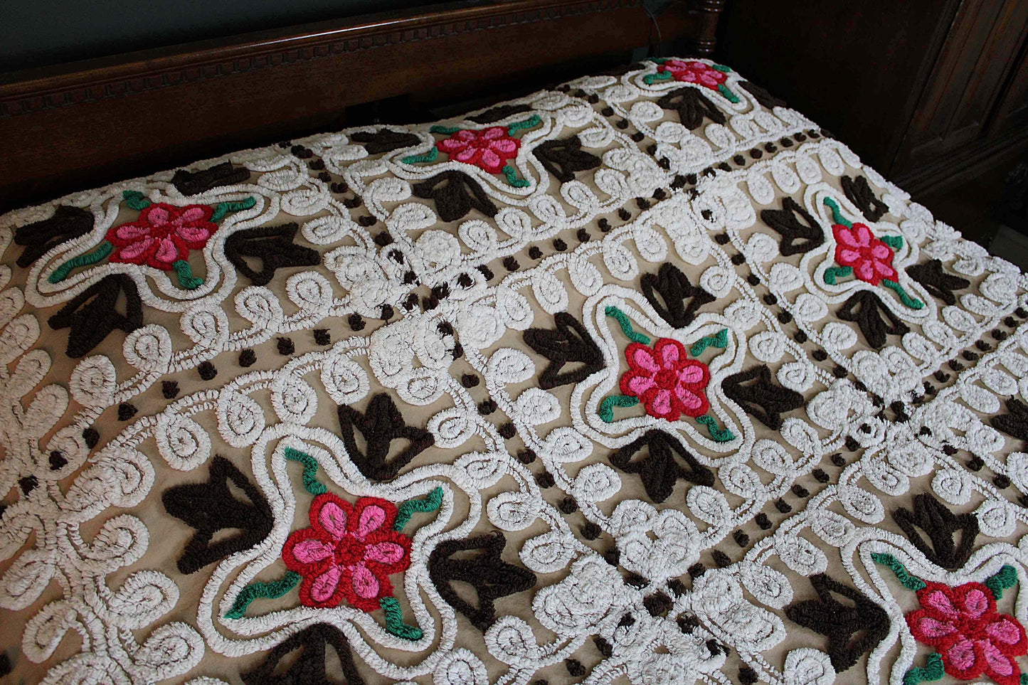 Boho Vintage Chenille Bedspread, Pink Roses on Cocoa Brown, Full Size Cotton Bedding