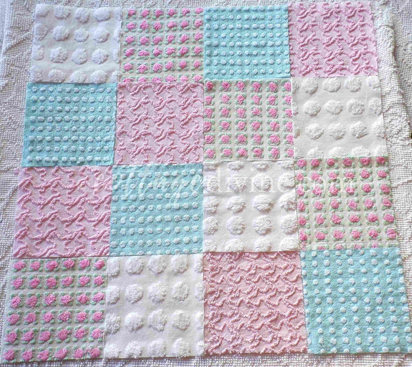 Classic Cottage Chic Chenille Quilt Squares Set from Vintage Bedspread Fabric, 16 Blocks, 6" x 6" inch, Pretty Pink Rosebud, Aqua & White