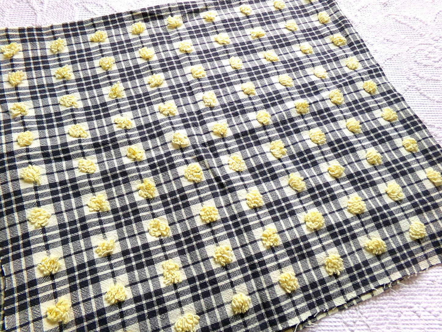 unique black plaid vintage chenille fabric, 18" x 24" piece of sewing material w/ yellow pops