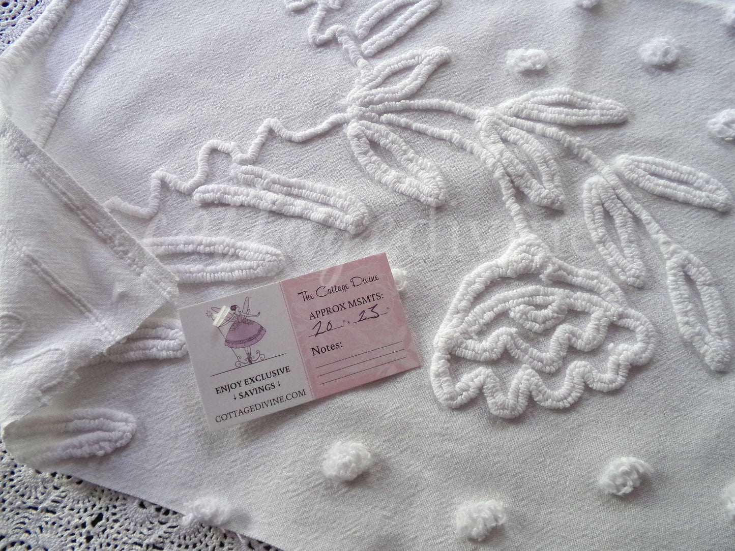 Farmhouse Floral White Vintage Chenille Fabric, 20" x 23" inch Piece, Timeless & Elegant