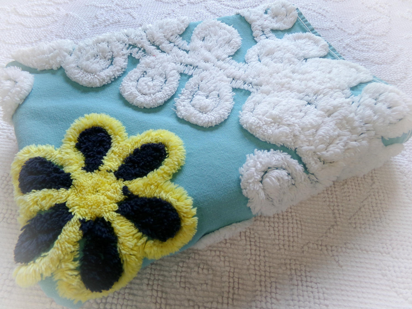 beach chic vintage chenille fabric, bubble white, seaglass blue, 21" x 30" piece of cotton sewing material for crafts, quilts, pillows