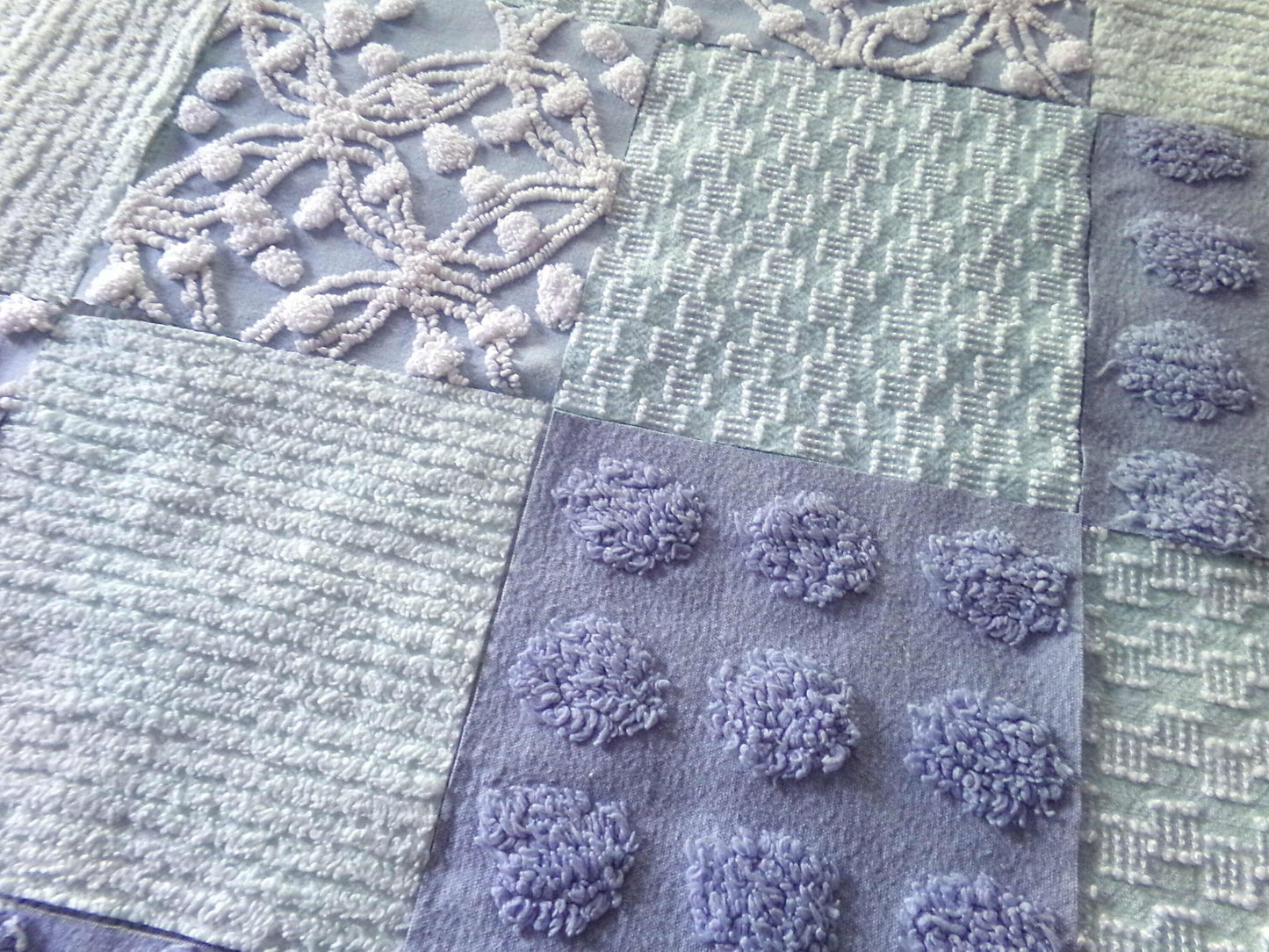 Spa Day Chenille Fabric Squares Set, 16 Vintage Quilt Blocks, 6" inch in Blue, Cool Aqua & White