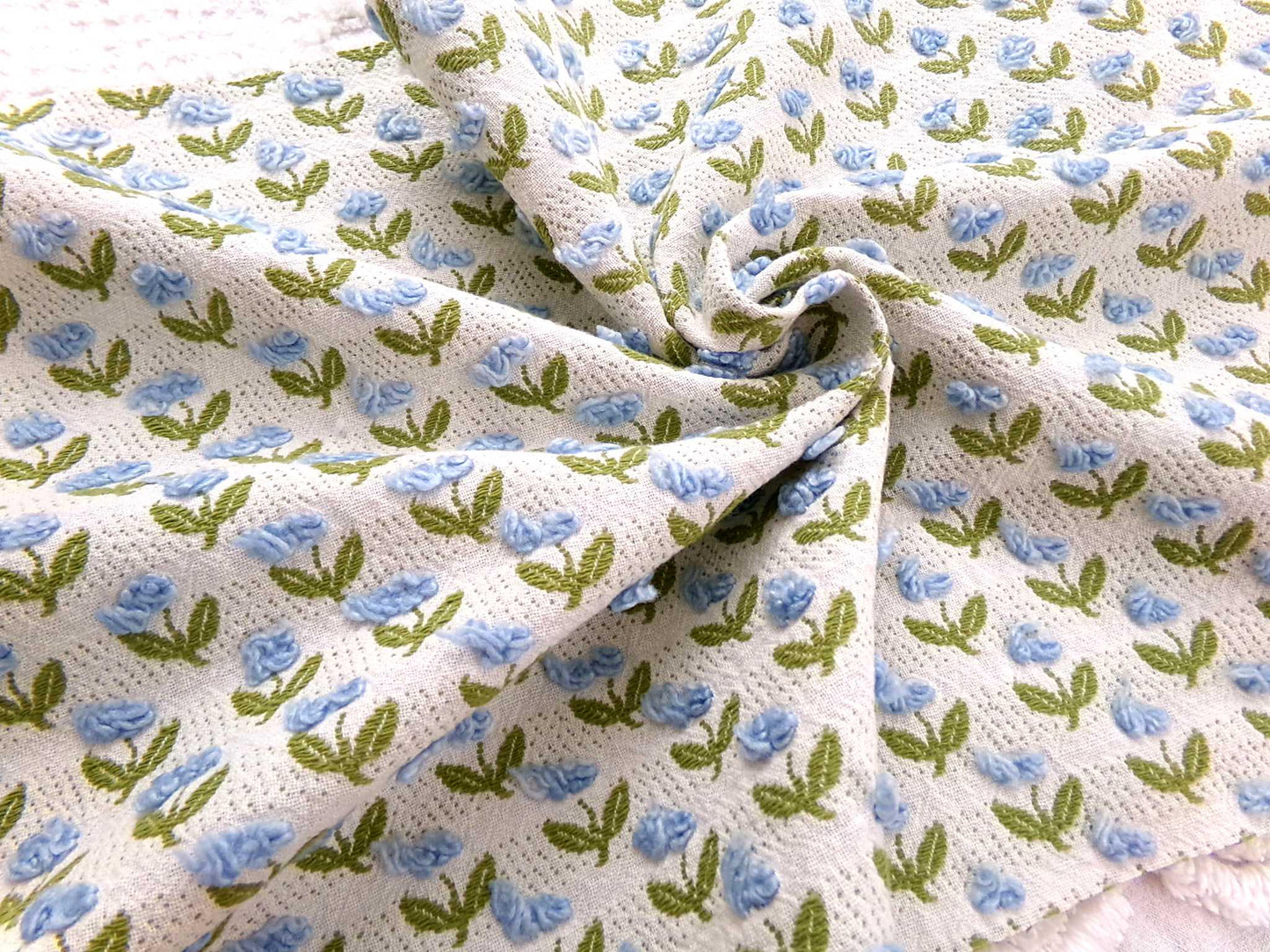 Tulip Garden Vintage Chenille Bedspread Fabric, Little Blue Flowers & Green Leaves, 12" x 24" inch Piece, Sewing Material for Quilts, Crafts