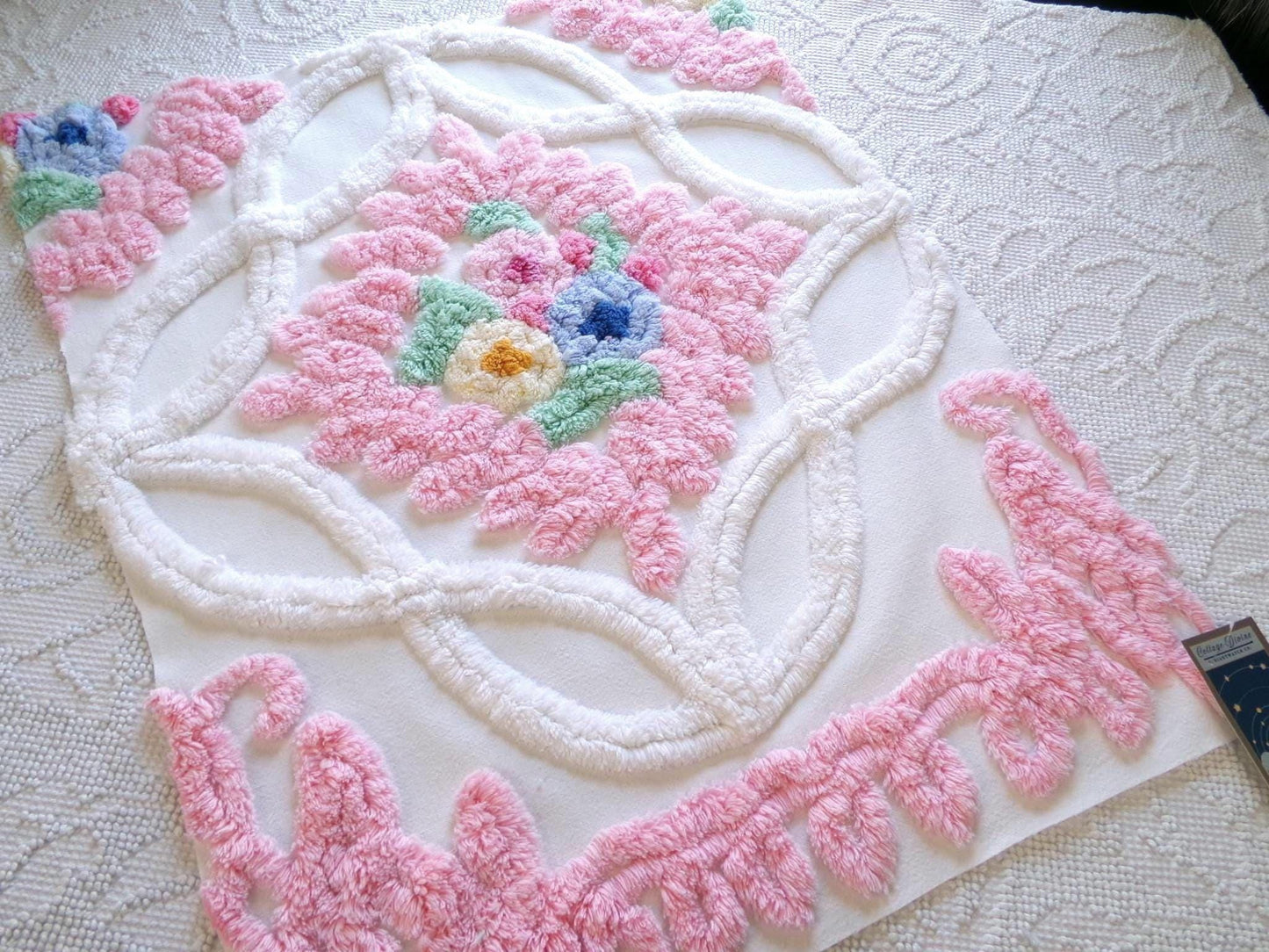 heavenly cottage chic vintage chenille fabric, heavy tufted frosted wedding cake floral 17" x 23" inch piece of pink & white sewing material