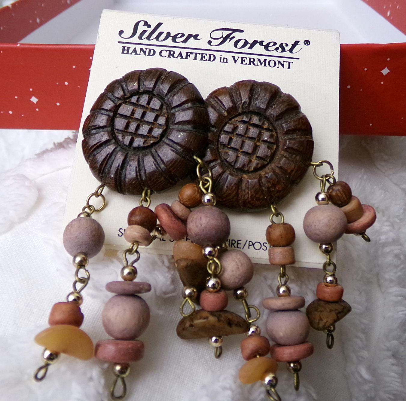 Carved Wood Daisy Dangle Pierced Earrings with Bangles, Vintage Silver Forest Vermont Hippie Boho Artisan Style
