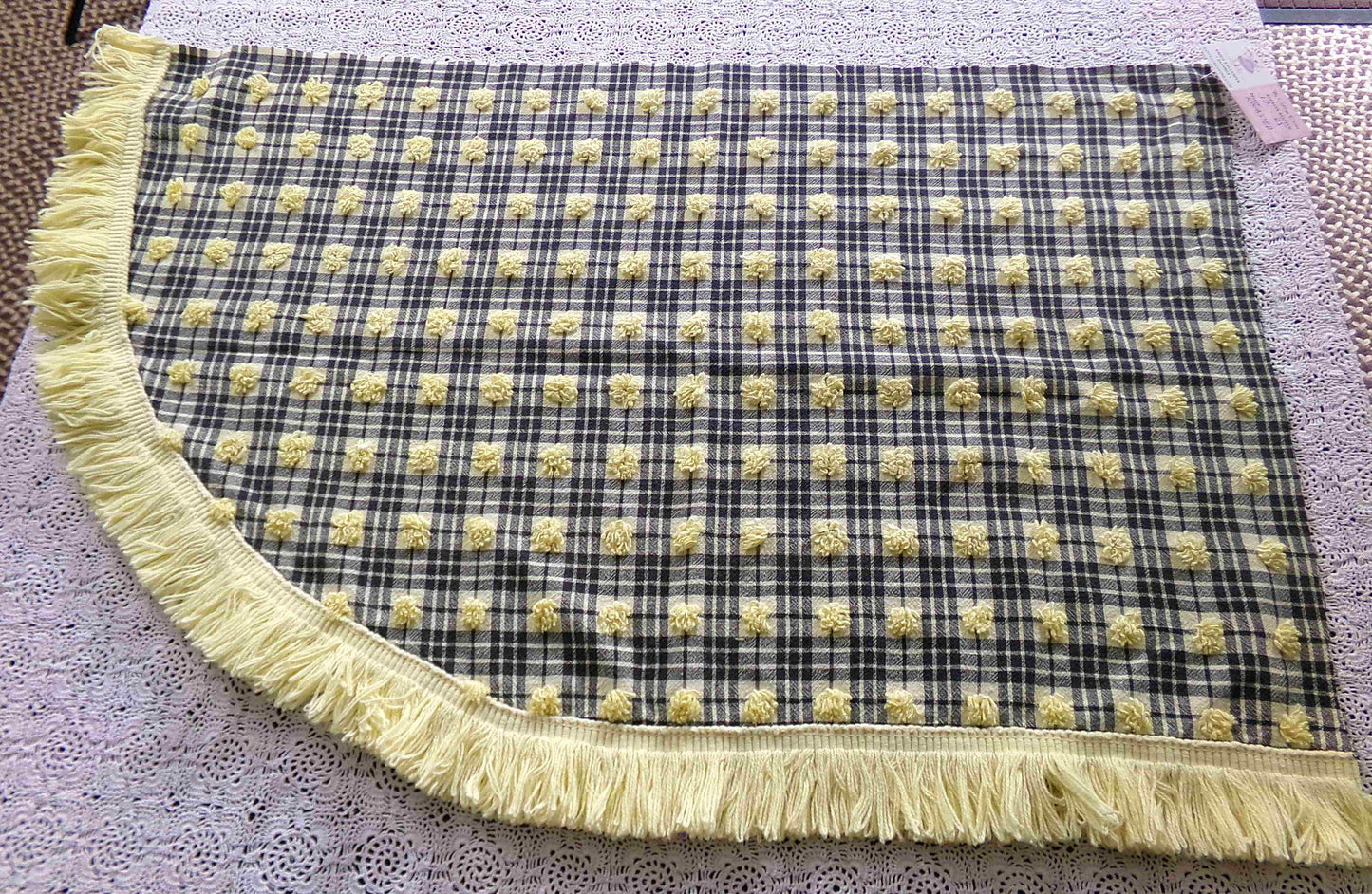 Retro Vintage Chenille Fabric, Bumblebee Black & Yellow Pops Piece, 17" x 25" inch Rounded with Accent Fringe