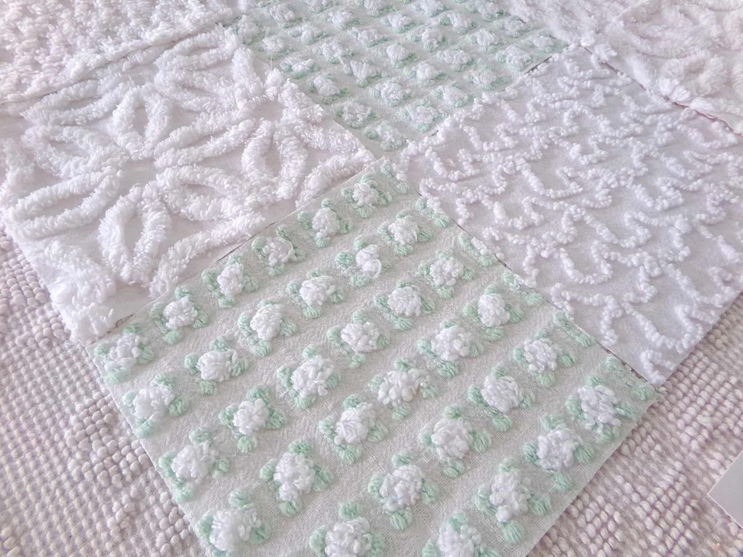 winter rose chenille fabric squares, white rosebud, daisy & geometric mix, vintage craft square set of 16 quilt blocks, 6" x 6" inch