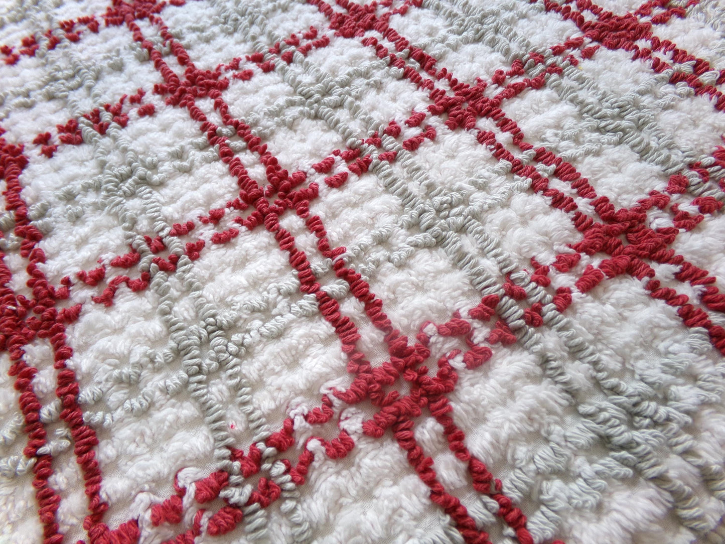 Preppy Plaid Vintage Chenille Fabric, Maroon & Grey Needletufting on White Grid, 18" x 23" inch Piece, 100% Cotton