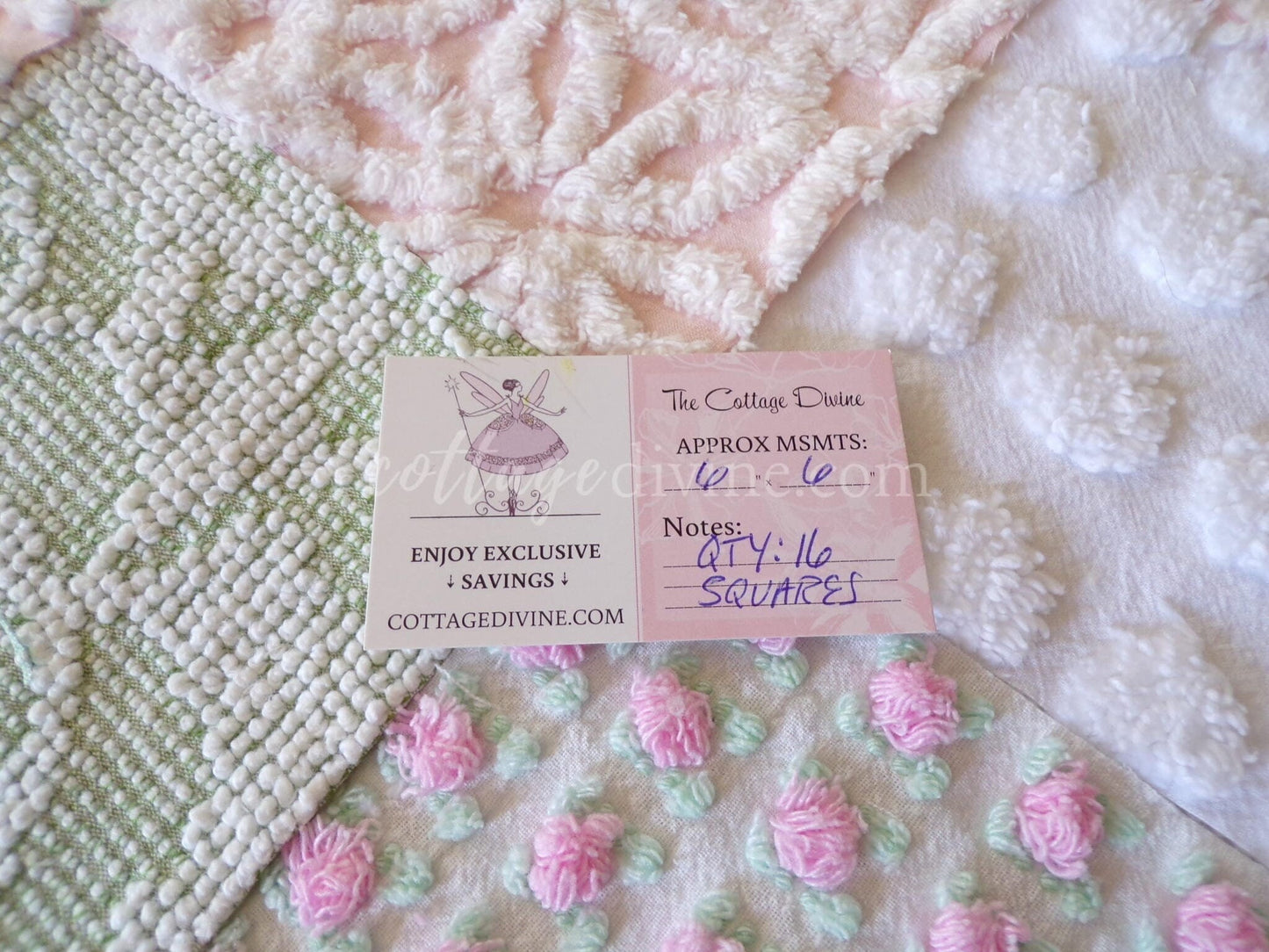 Spring Blossoms Vintage Quilt Squares Kit from Chenille Bedspread Fabrics, 6" Blocks, Qty 16