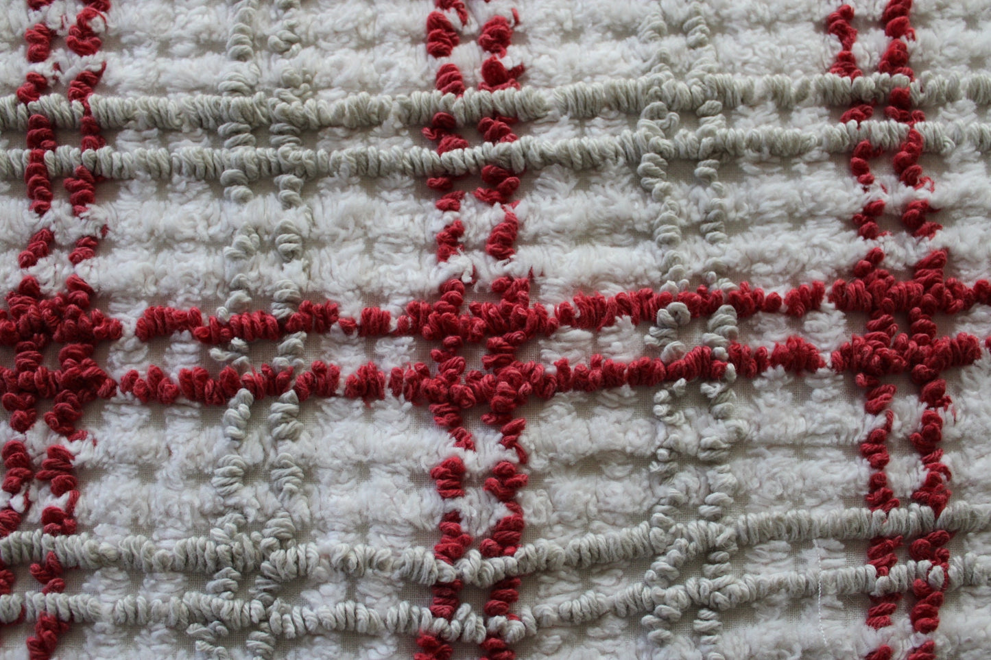 Chic Plaid Vintage Chenille Fabric, Maroon & Grey Needletufting on White Grid, 20" x 24" inch Piece, 100% Cotton