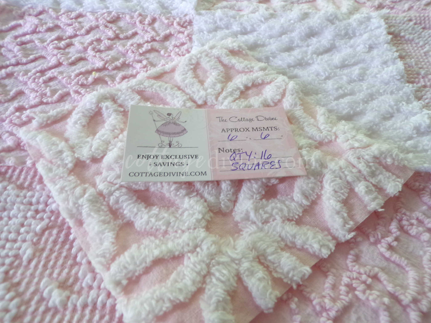 Pastel Pink & White Quilt Squares Set, Rotary Cut from Vintage Chenille Bedspread Fabric, 16 Blocks, 6" x 6" inch