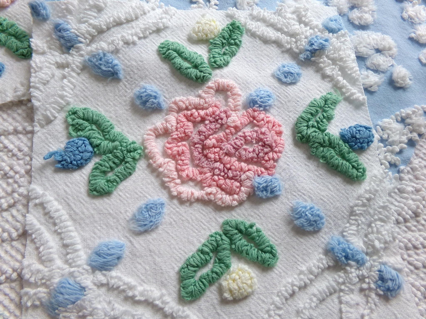 winter rose chenille fabric squares, set of 8 vintage 7.5" quilt blocks, blue & white geometric, pink floral for sewing, crafts, quilting