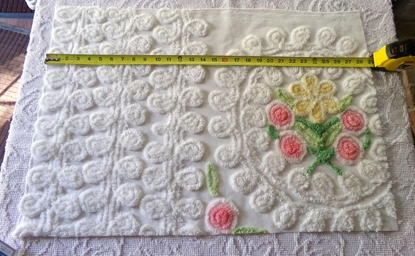 sculpted wedding cake vintage chenille fabric, lovely bridal white curlicues & rosette florals, 19" x 27" inch piece cotton sewing material