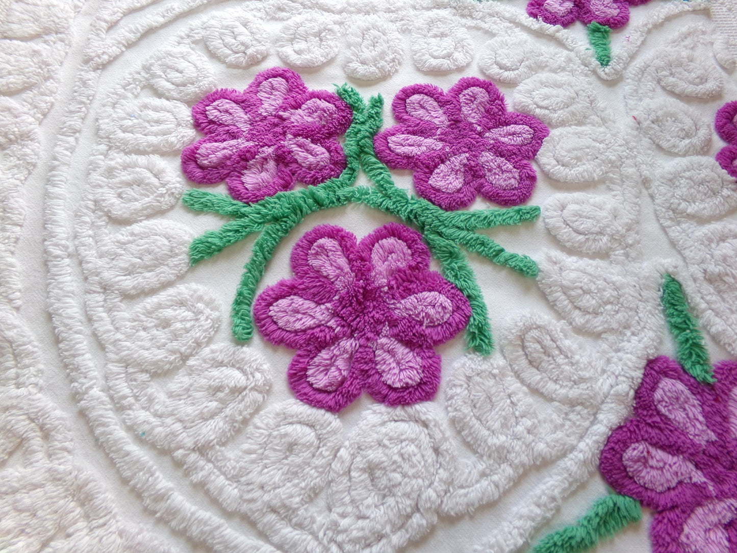 Whimsical Violets Vintage Chenille Fabric, 18" x 20" Inch Piece Plush White Cotton Sewing Material, Great for DIY Pillow