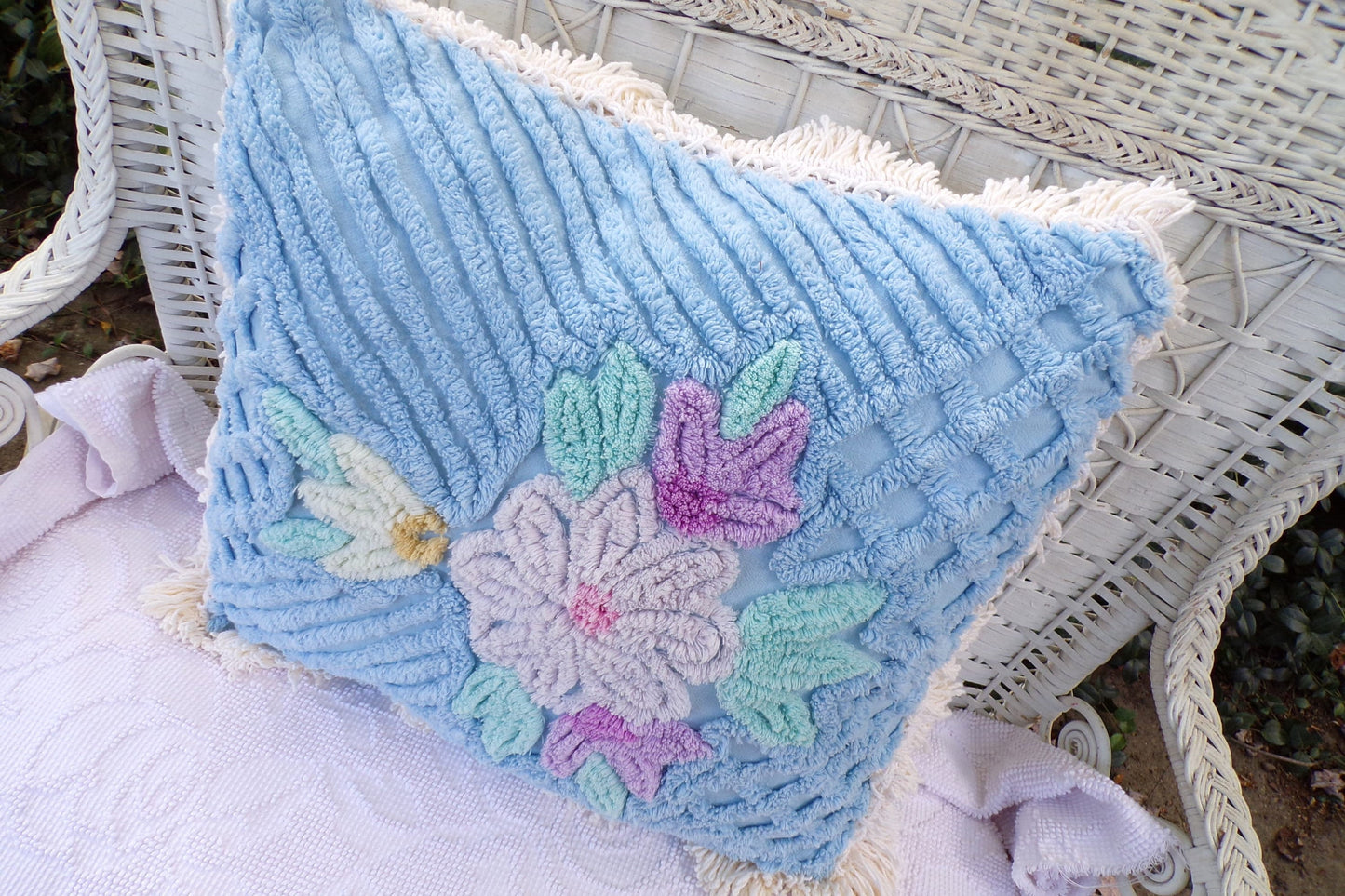Cottage Blue Floral Chenille Pillow Cover 17" x 17" inch Square, REVERSIBLE Accent Fringe Pillow from Vintage Chenille Bedspread Fabric