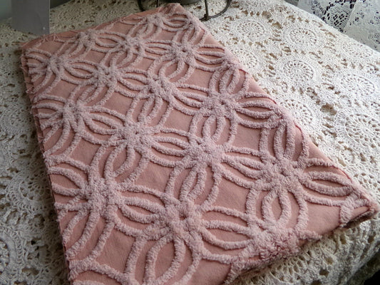 vintage chenille fabric, warm clay mauve geometric wedding ring design, 17" x 28" inch piece for sewing & crafts
