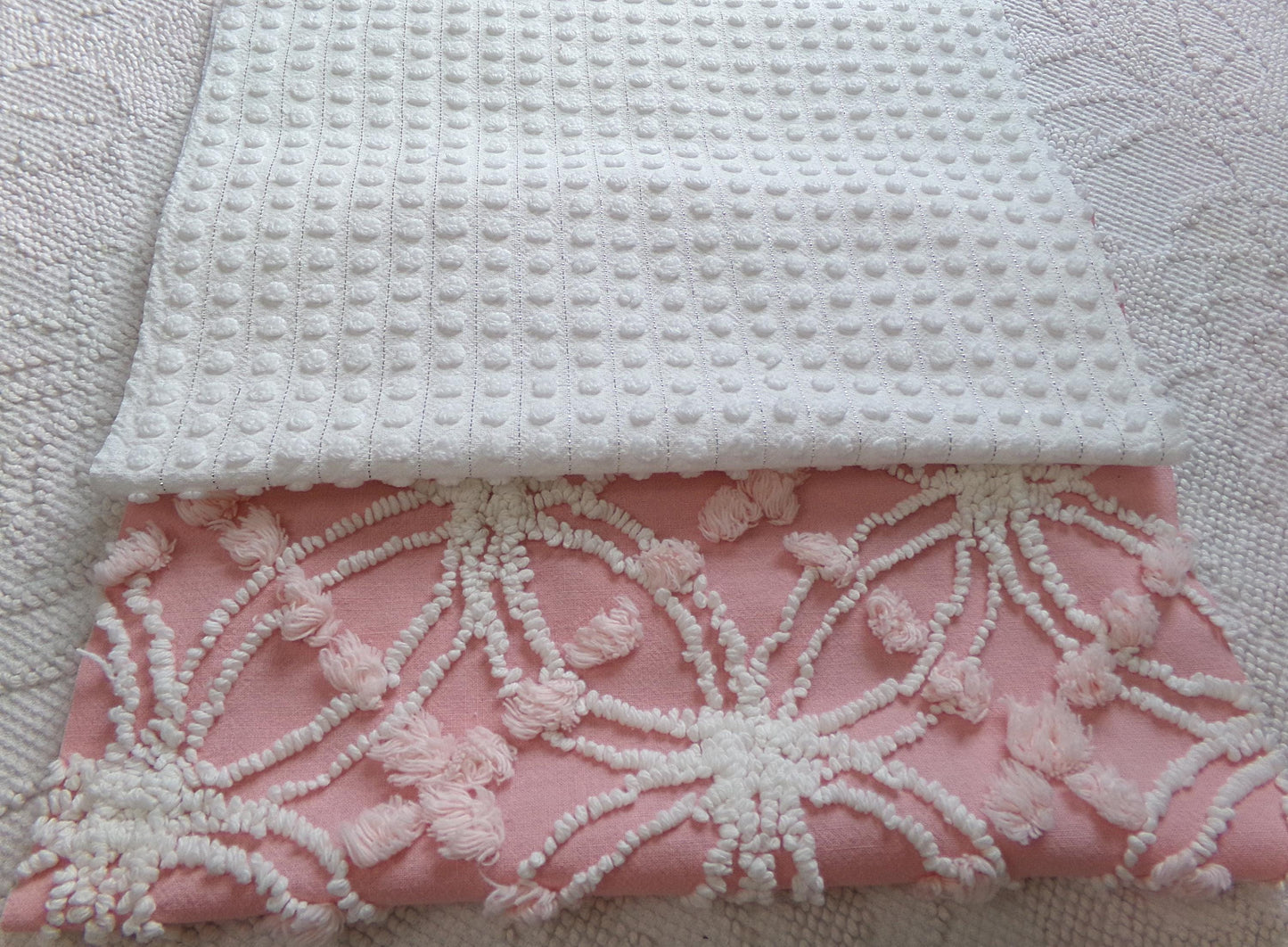 Vintage Chenille Fabric Bundle in Pink & White, 2 Pieces 12" x 18" each | Great Stash Builder for Fiber Arts, Crafting