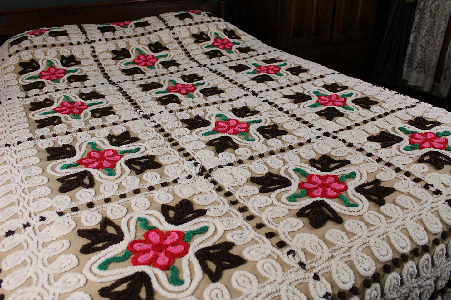 Boho Vintage Chenille Bedspread, Pink Roses on Cocoa Brown, Full Size Cotton Bedding