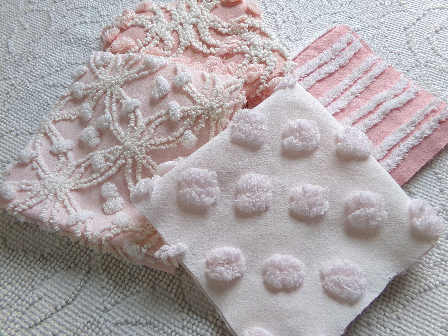 love pink chenille fabric squares, set of 4 texturized vintage large quilt blocks 12" inches ea, spider ring, pops, stripes, infinity tuft