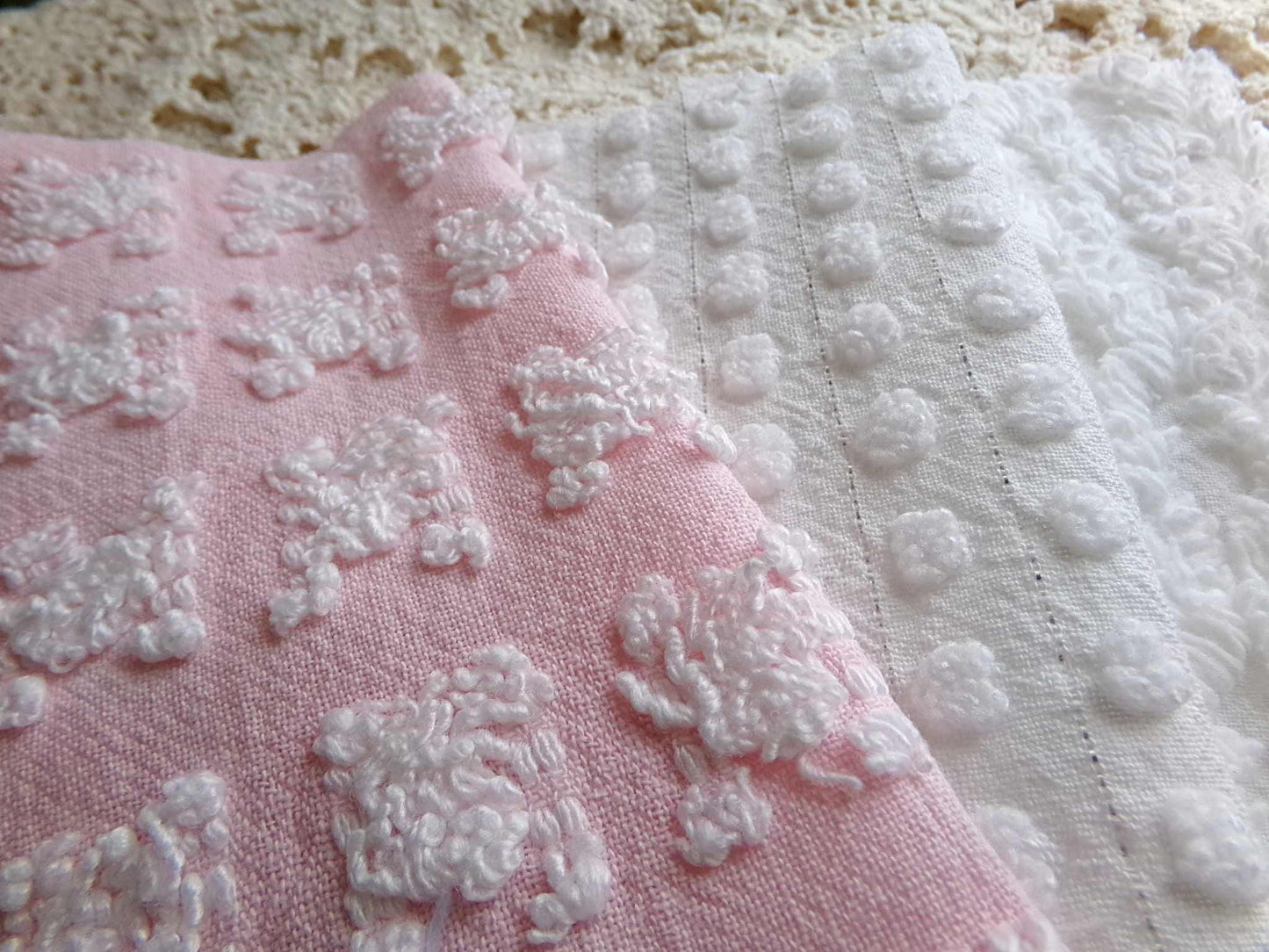 angel feathers chenille fabric squares, pink & white rosebud, lattice, dots, squiggles, vintage square set of 16 quilt blocks, 6" x 6" inch