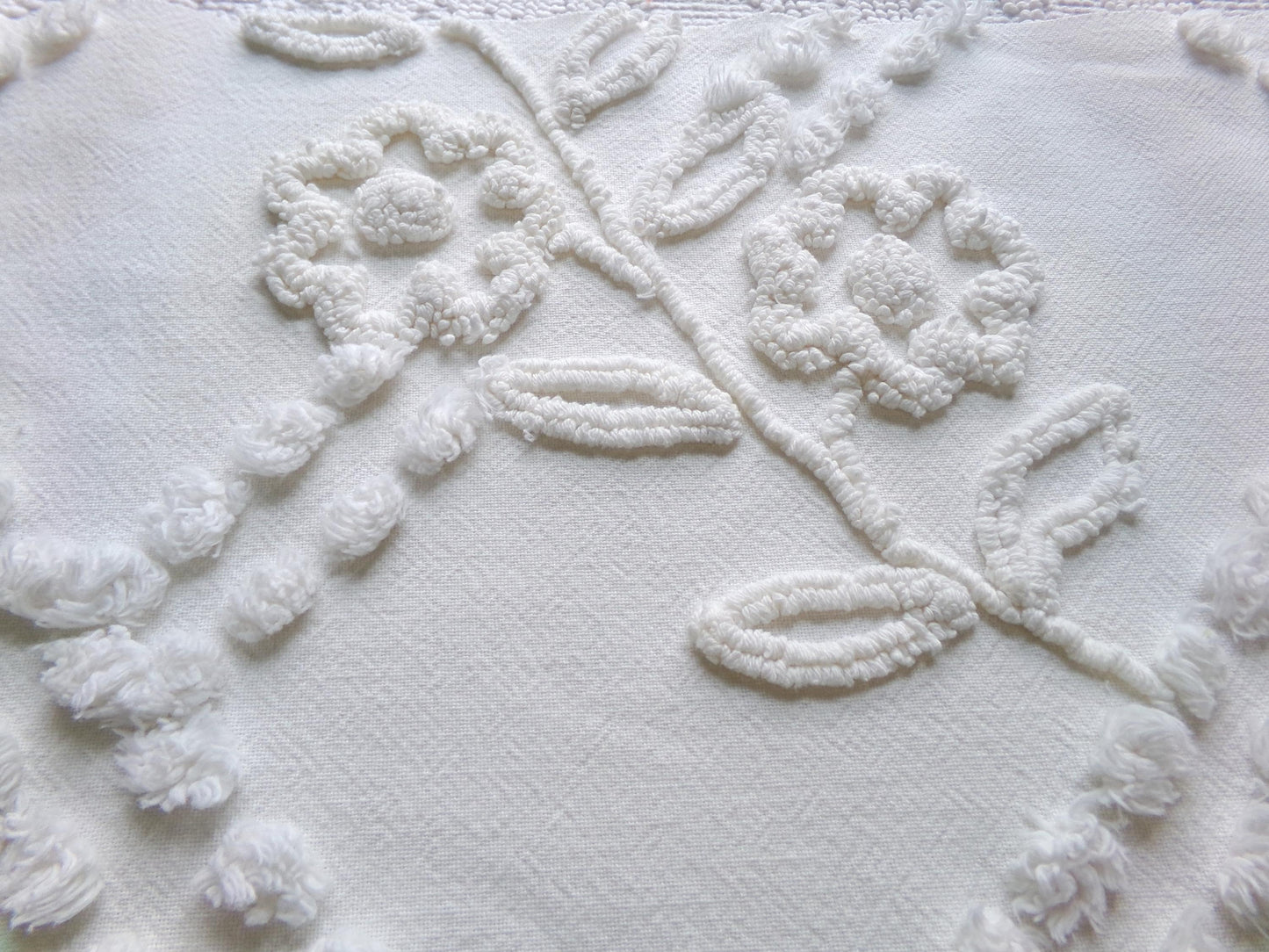 Vintage White Floral Chenille Fabric: Farmhouse Style 23" x 16" Cut Piece