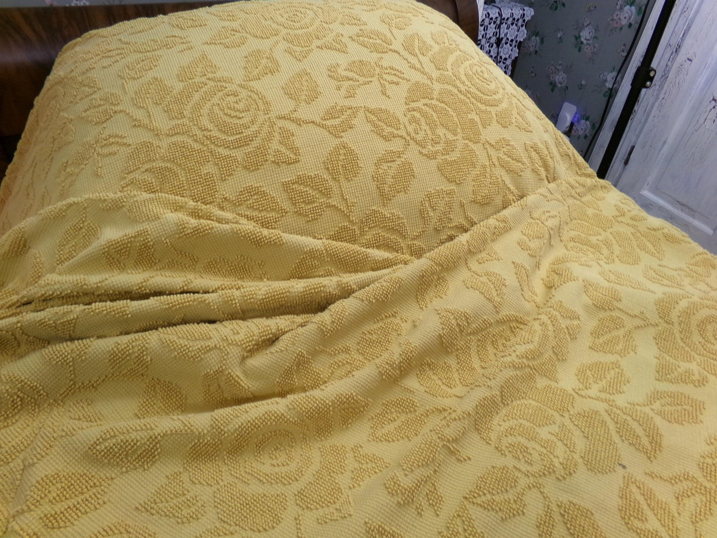 Vintage Chenille Bedspread in Sunflower Honey Golden Blonde | Hobnail Cabbage Rose Woven Texture | On Trend Boho Style Heavyweight Spread