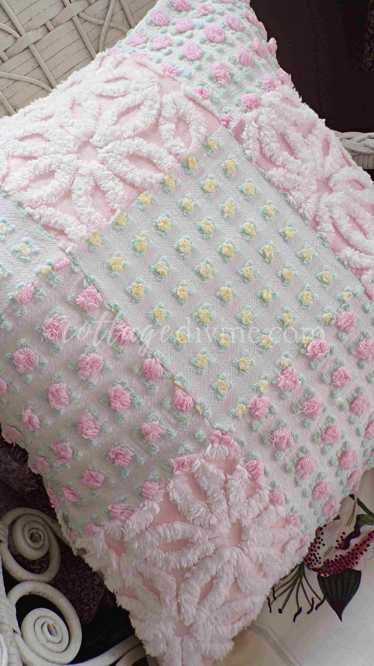 Daisy Rose Cottage Chic Chenille Pillow Cover 16" x 16" inch Square, Vintage REVERSIBLE Accent Pillow, Pink & Yellow Patchwork Design