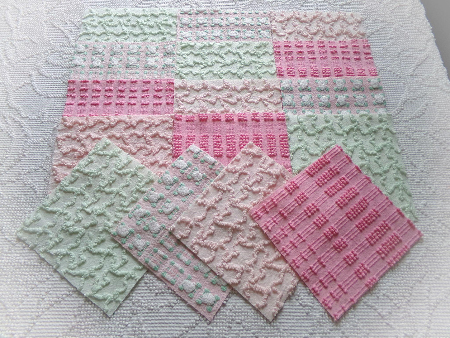 phantom rose 6" chenille squares, green, pink, white rosebud, set of 16 quilt blocks rotary cut from vintage chenille bedspread fabrics