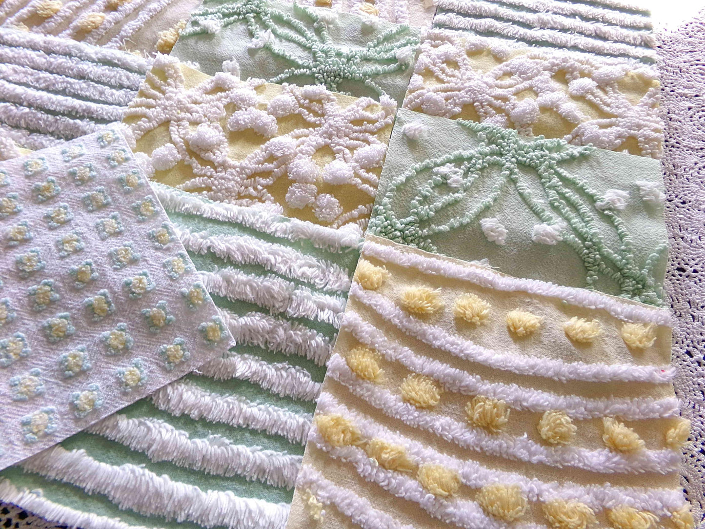 Springtime Fresh Chenille Fabric Squares Set in Yellow, Green & White, 17 Blocks, 6" inch ea, Cheery Stripes, Dots Geometric Designs