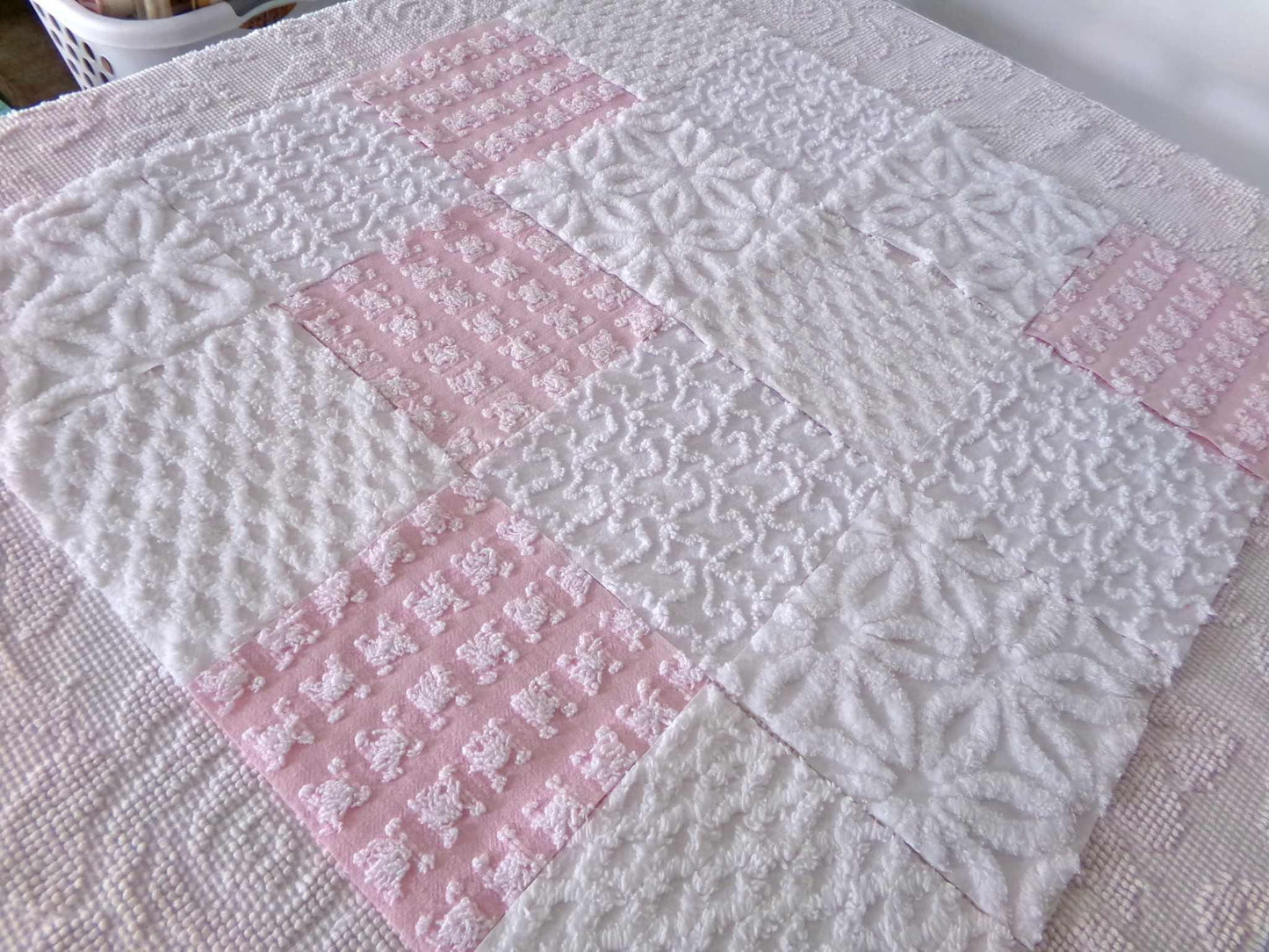 angel wings chenille fabric squares, pink & white rosebud, lattice, dots, squiggles, vintage square set of 16 quilt blocks, 6" x 6" inch