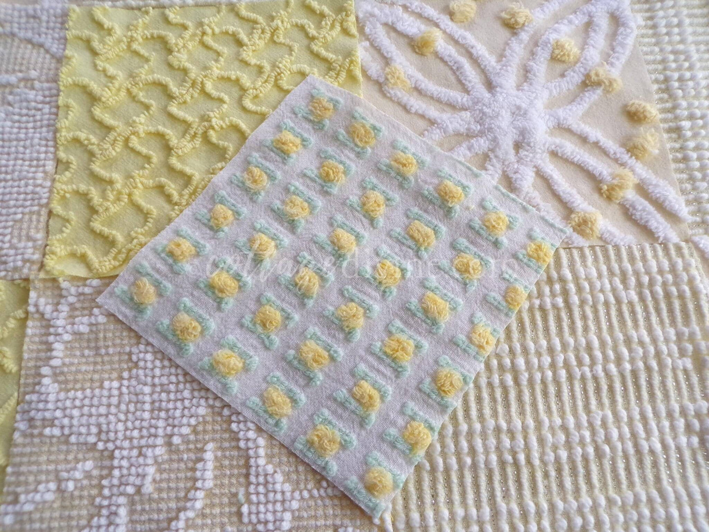 Cheerful Chenille Quilt Squares Set from Vintage Bedspread Fabric, 17 Blocks, 6" x 6" inch, Sunny Yellows