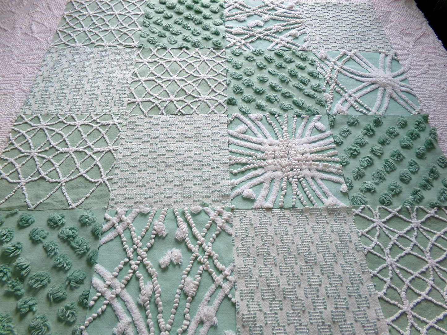 gorgeous green chenille fabric squares, set of 16 vintage 6" craft blocks, geometric designs for quilt inlays, pillows, fiber arts