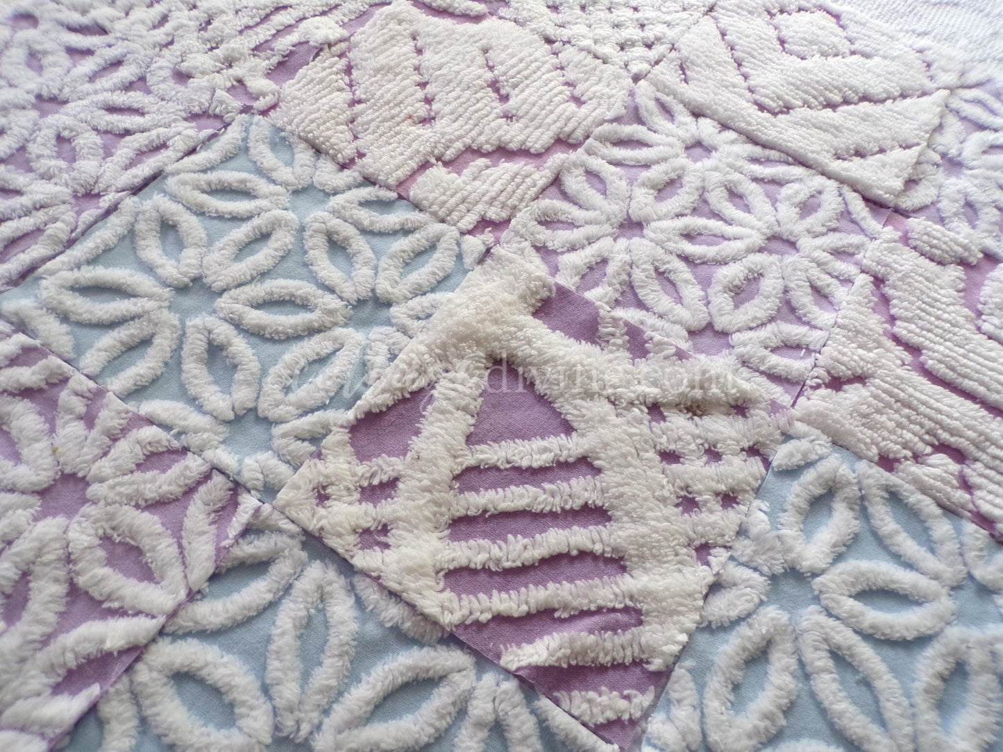 Peaceful Dreams Chenille Fabric Squares Set in Lilac, Blue & White, 16 Vintage Rotary Cut Quilt Blocks, 6" x 6" inch