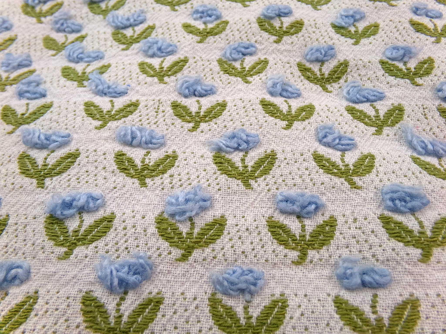 Tulip Garden Vintage Chenille Bedspread Fabric, Little Blue Flowers & Green Leaves, 12" x 24" inch Piece, Sewing Material for Quilts, Crafts