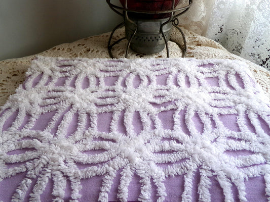 lilac chenille fabric, plush white wedding rings on purple, 18" x 24" inch piece cut from vintage chenille bedspread