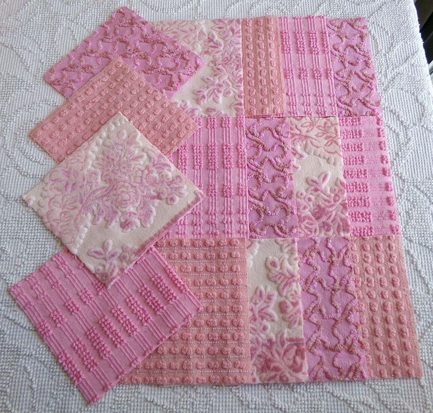 lux pink velvet & chenille fabric squares, set of 16 texturized vintage craft quilt blocks 6" inches for quilt inlays, pillows, fiber arts