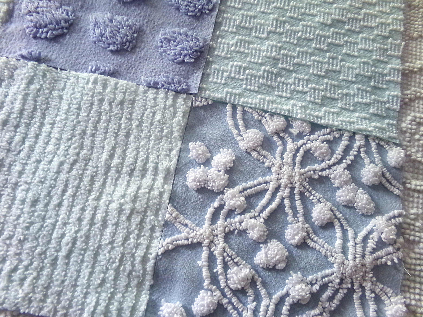 Spa Day Chenille Fabric Squares Set, 16 Vintage Quilt Blocks, 6" inch in Blue, Cool Aqua & White